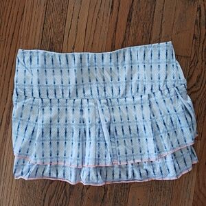 Lucky in Love Light Blue Patterned Ruffle Mini Skirt with Pink Trim